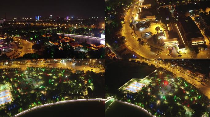城市夜晚上空航拍旅游运河高楼大厦车流人群