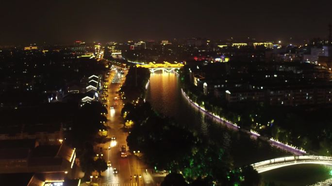 城市夜晚上空运河航古镇拍车流街道车水马龙