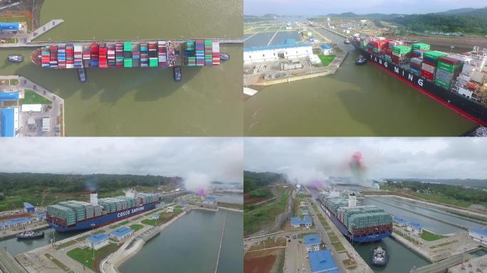 巴拿马运河航拍和中国船只