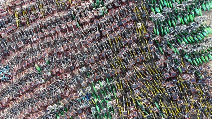4K原素材-废弃的共享单车堆码场