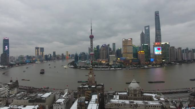 4K原素材-大雪后的上海城市地标建筑