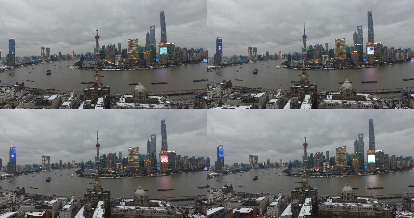 4K原素材-大雪后的上海城市地标建筑