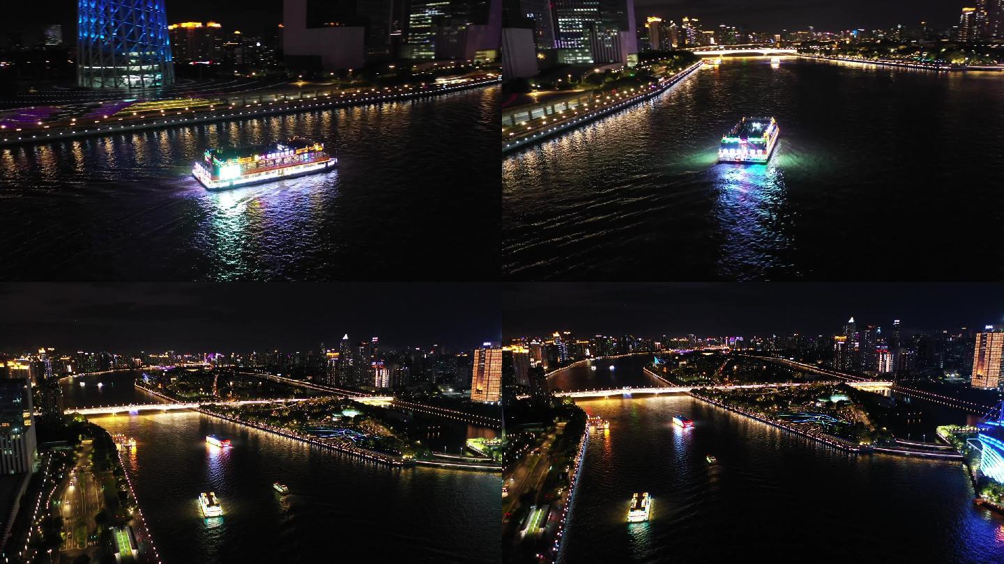 广州珠江夜游航拍夜景空镜