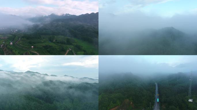 航拍清晨山间公路云雾云海河南鲁山4K