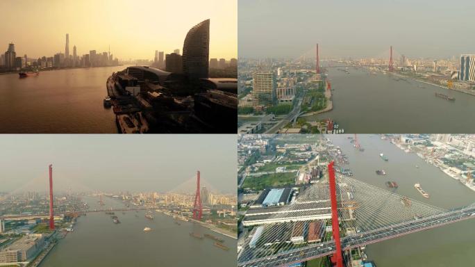 上海黄浦江北岸杨浦大桥航拍4k灰度LOG