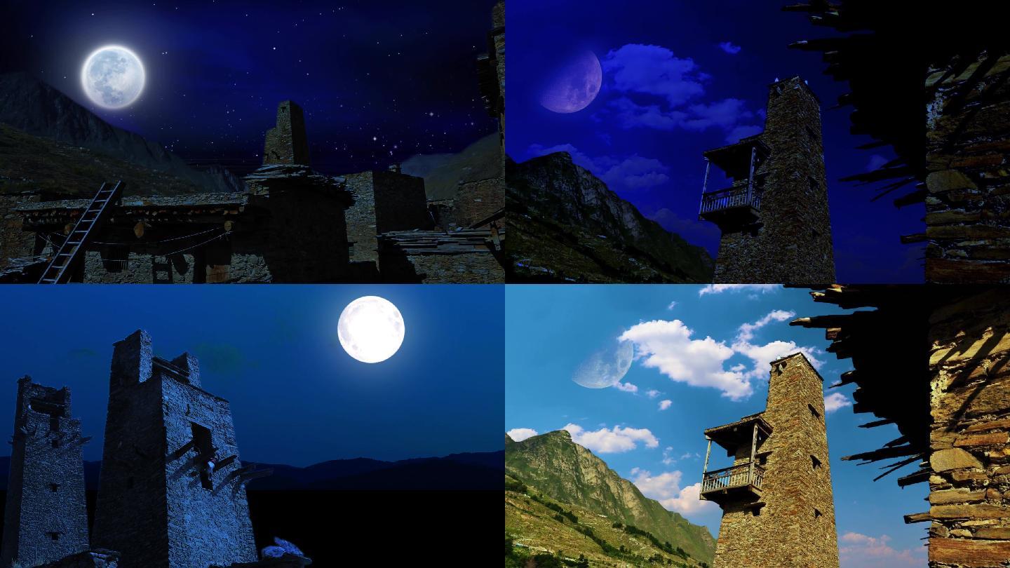 羌寨的月亮合成背景素材