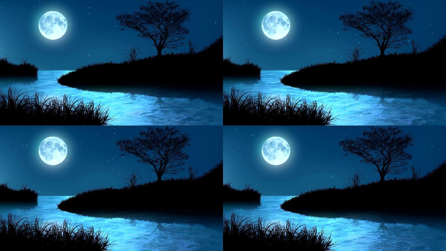 河面月亮树影河边藏舟背景