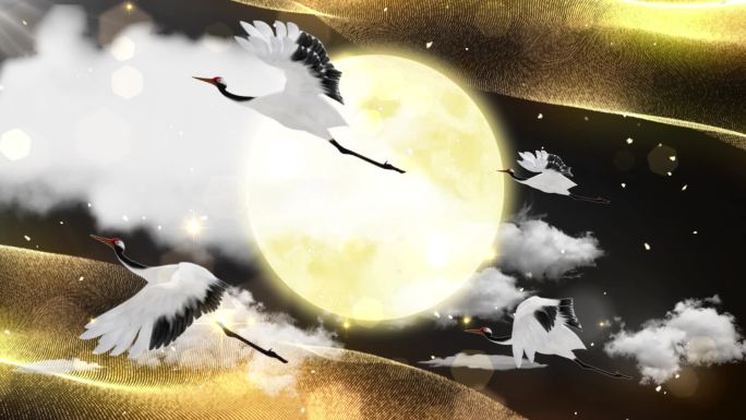 中秋满月仙鹤飞舞夜空中国风背景