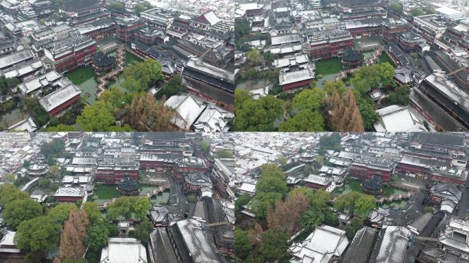 4K原素材-航拍上海豫园九曲桥雪景