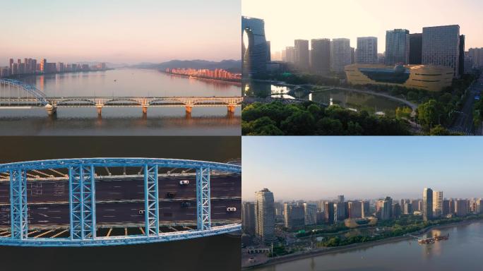 航拍低碳科技馆杭州印复兴大桥