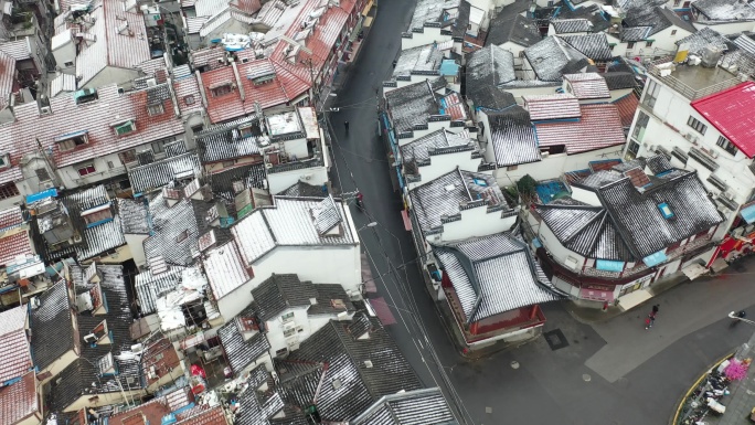 4K原素材-航拍上海城隍庙地区石库门雪景