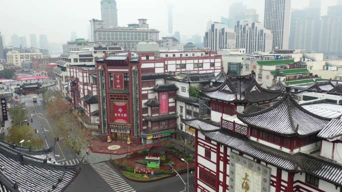 4K原素材-航拍上海豫园商城雪景