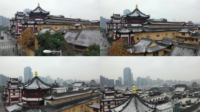 4K原素材-航拍上海豫园商城沉香阁雪景