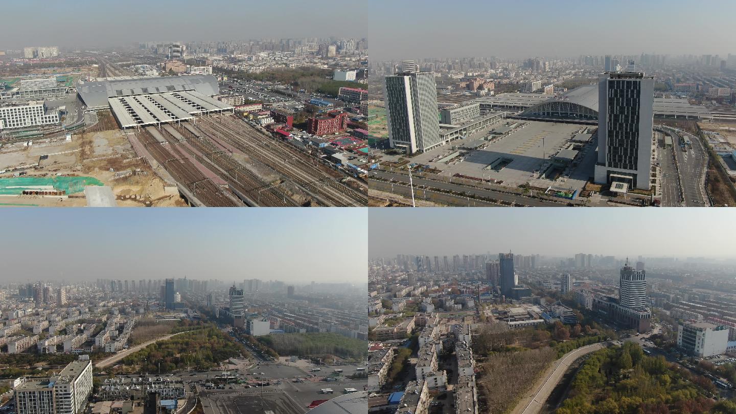 4K航拍唐山火车站城市上空建筑