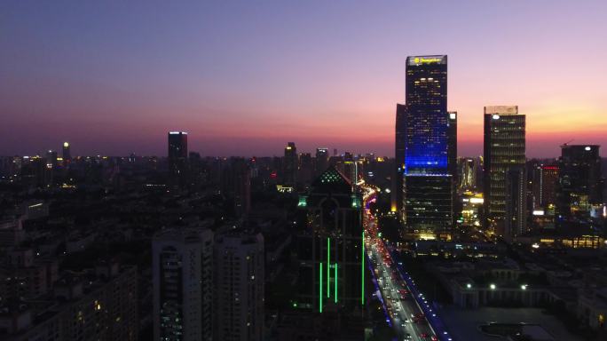 4K原素材-航拍红霞映照下静安区城市夜景