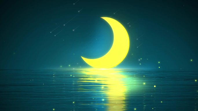 夜晚水面月亮星空背景循环
