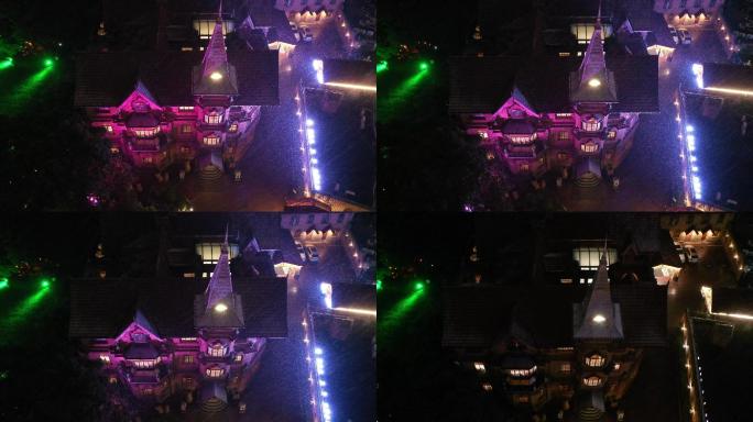 4K原素材-航拍雨雪中的上海马勒别墅夜景