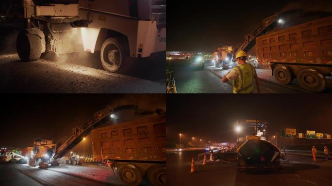 【4K】高清升格夜晚道路施工铺路素材