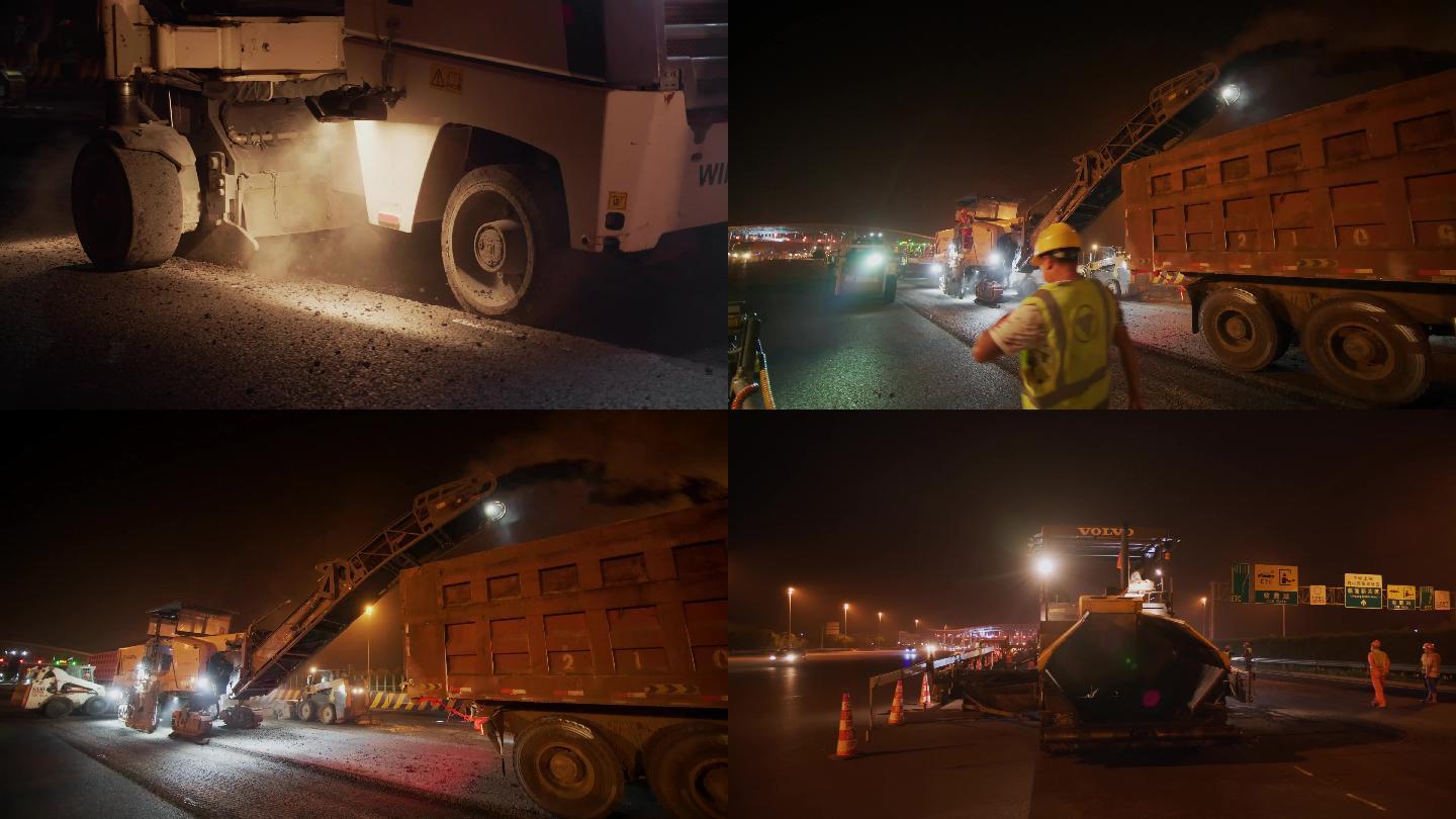 【4K】高清升格夜晚道路施工铺路素材