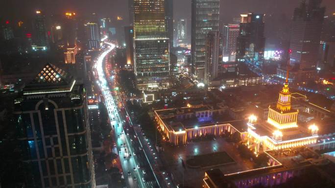 4K原素材-雨雪中上海展览中心及延安高架