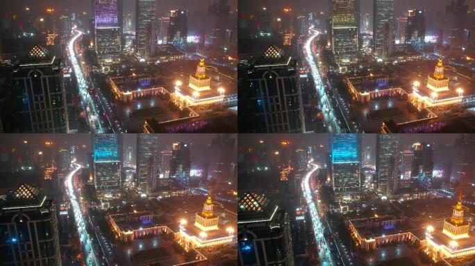 4K原素材-雨雪中上海展览中心及延安高架