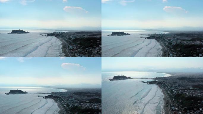 日本江之岛远眺栈桥海岸线4K航拍