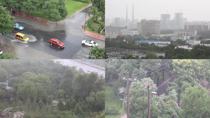 银川夏天暴雨车流城市雨景