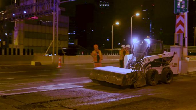 【4K】上海深夜高速道路城市建设施工素材