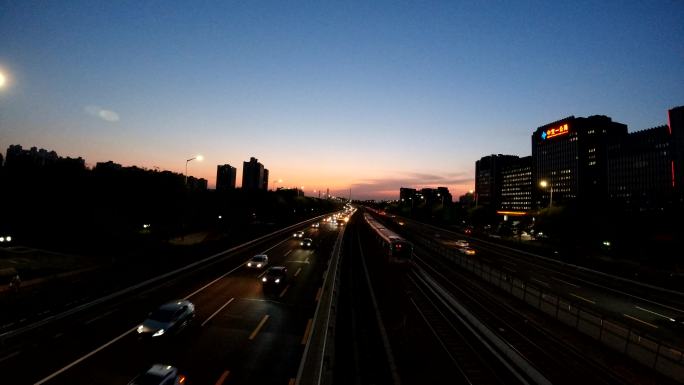 高清延时京通快速通道夕阳傍晚夜景