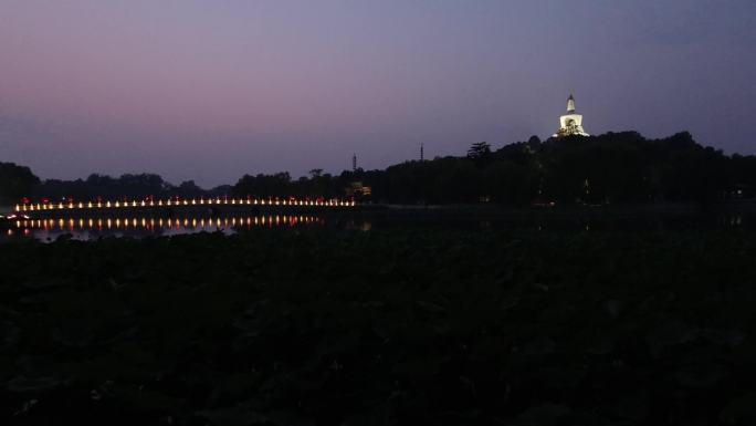 北海公园夕阳西下莲花穿荷叶中国龙夜景