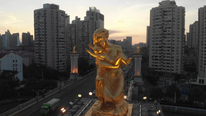 4K原素材-航拍上海苏州河武宁路桥雕塑