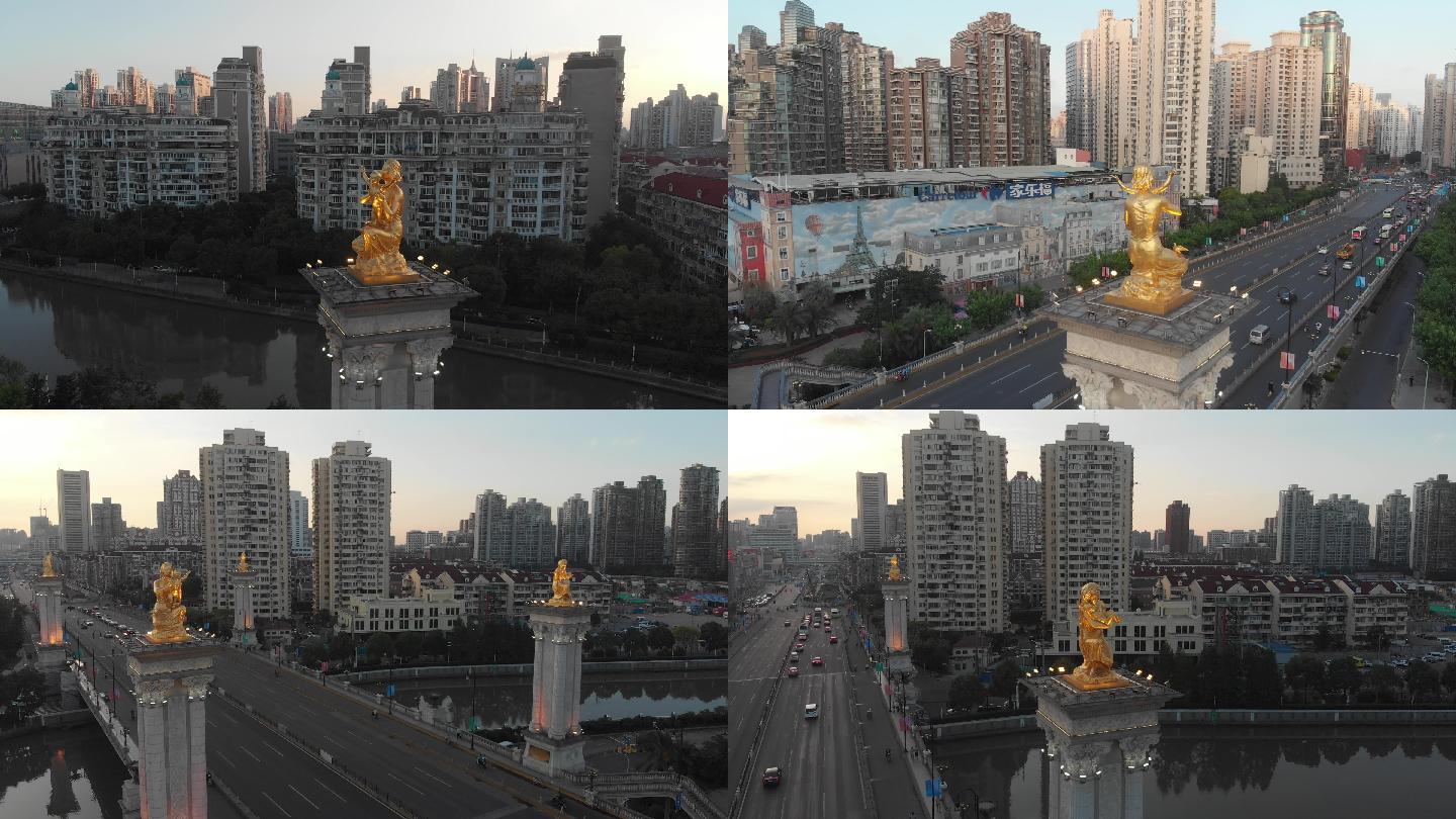 4K原素材-航拍上海苏州河武宁路桥雕塑