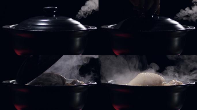 食物鸡肉砂锅冒热气蒸腾开盖升格慢动作