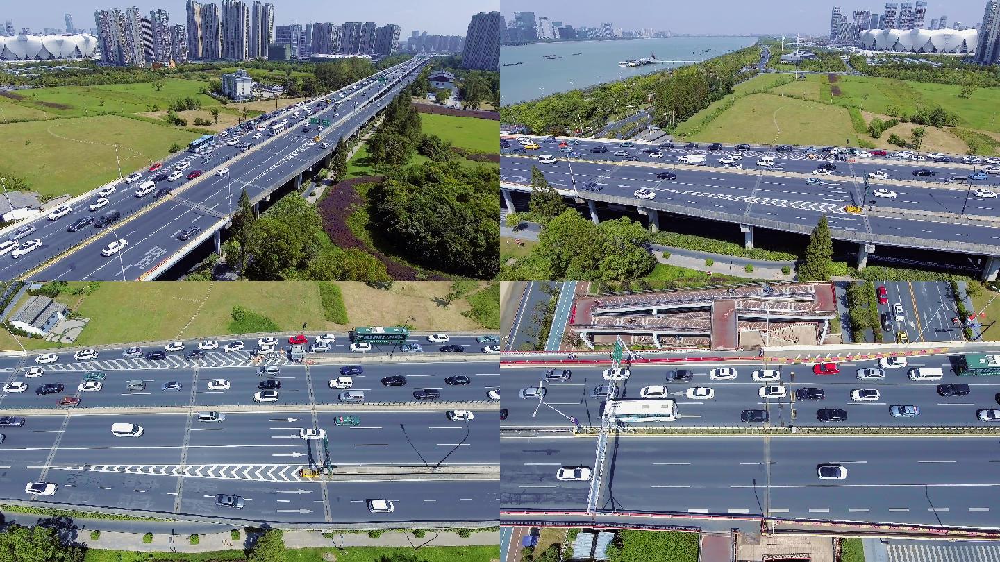 4K航拍城市道路交通-城市交通绿色交通