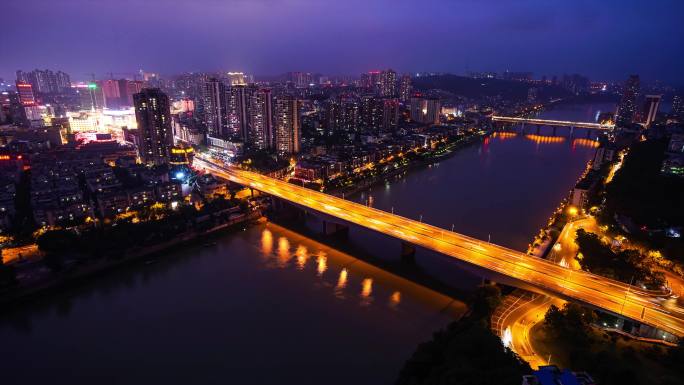 泸州航拍龙马潭区沱江二桥延时酒城夜景