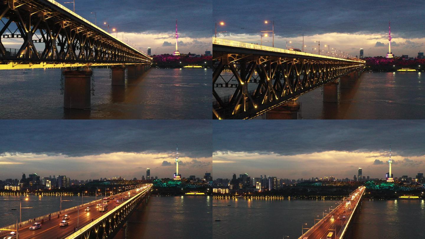 武汉长江大桥日落晚霞夜景航拍原始素材