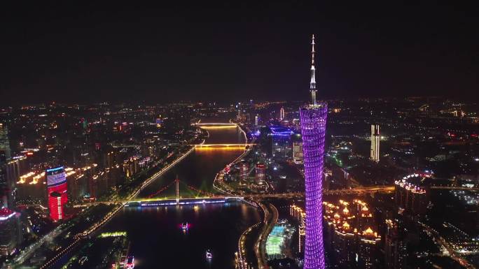 广州城市珠江流域夜空航拍