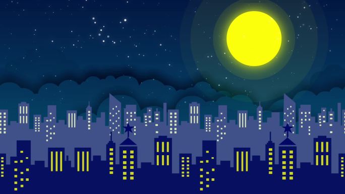 卡通夜晚城市月亮循环