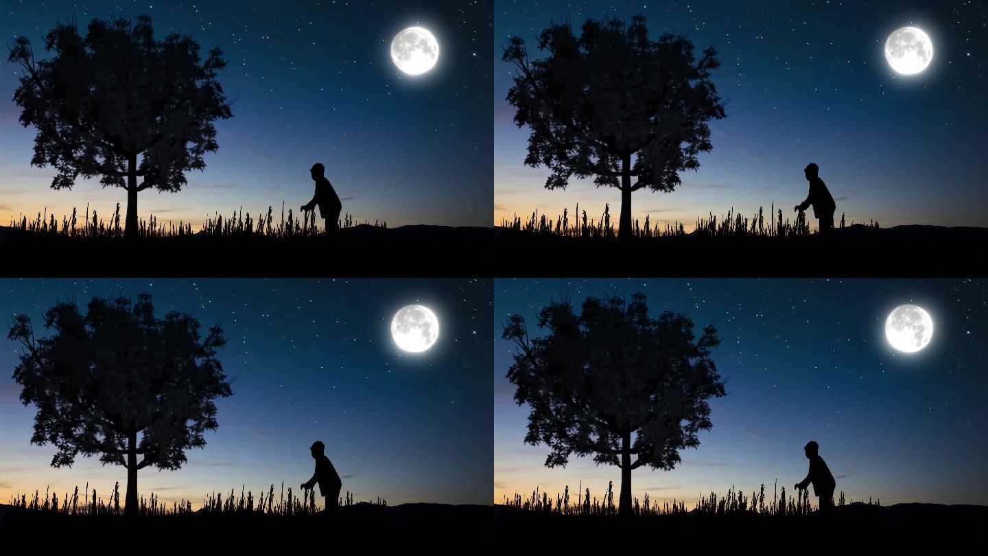 月亮树下等待的老人剪影