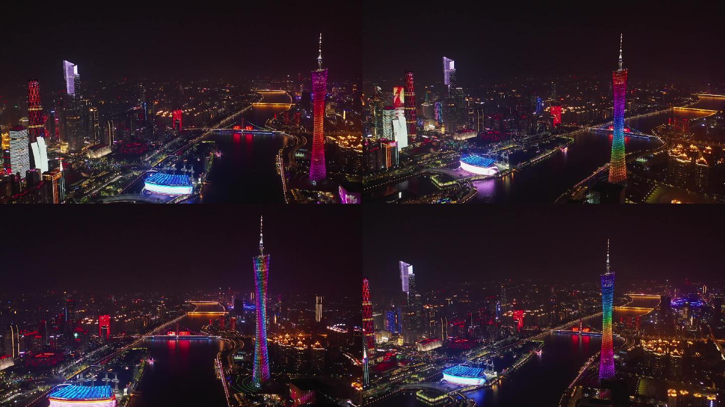 广州城市珠江流域夜空高清航拍