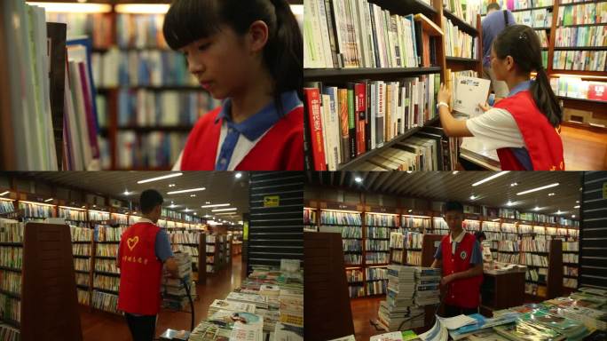 学校志愿者义工学生在图书馆整理书籍