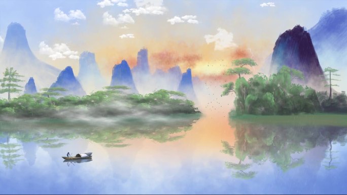 中国风彩色山水画