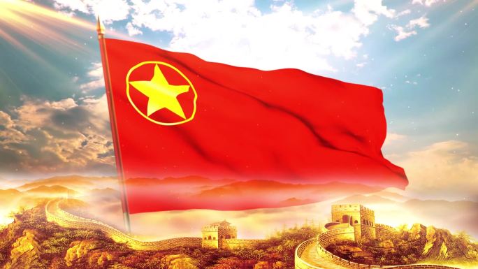 中国共青团团旗飘扬长城背景视频