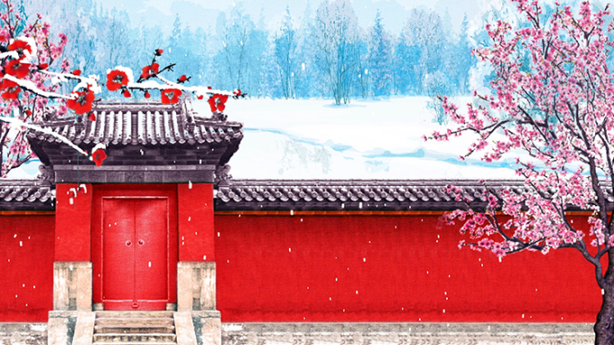 古色古香中国风墙院梅花冬天雪景视频