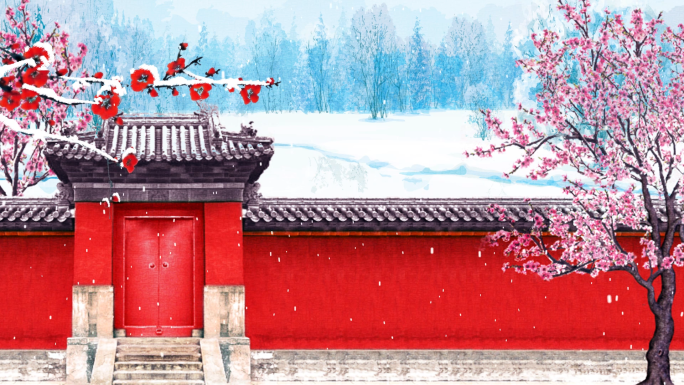 古色古香中国风墙院梅花冬天雪景视频