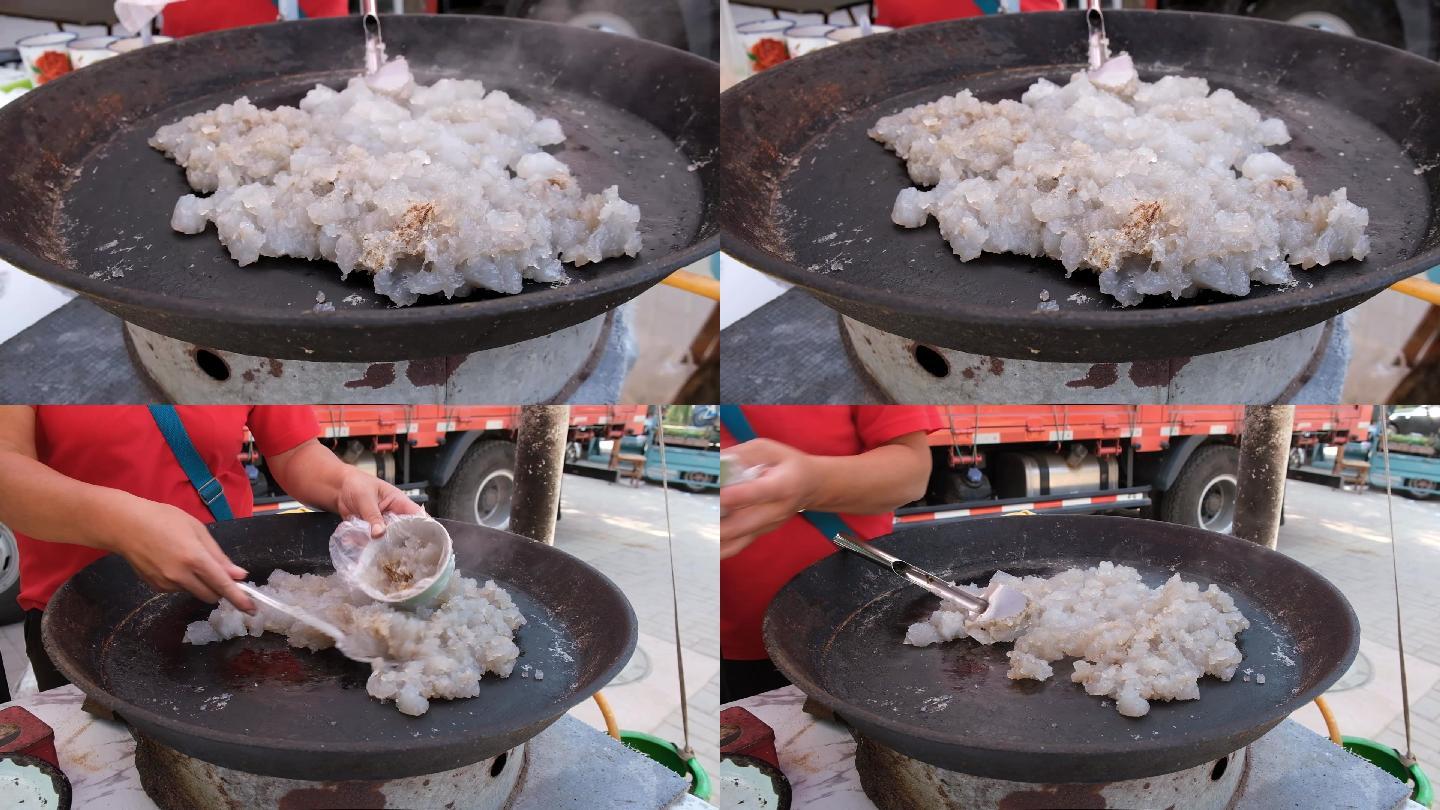 烟台传统小吃小食焖子翻炒制作过程
