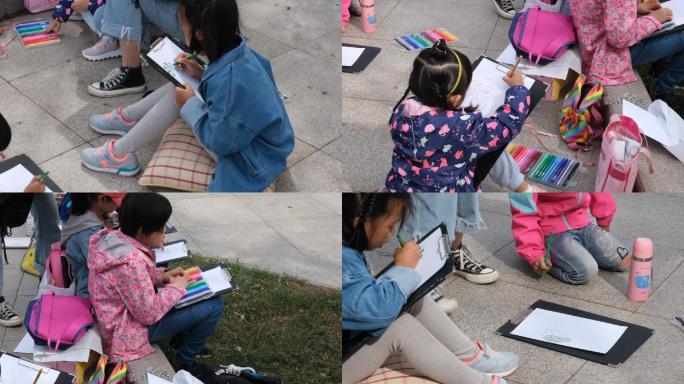 小女孩学习手绘室外写生的一组四个镜头户外