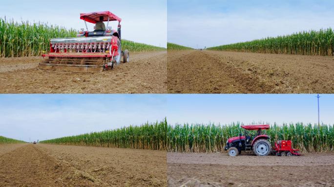 航拍拖拉机播种机械化生产种植农业小麦种植