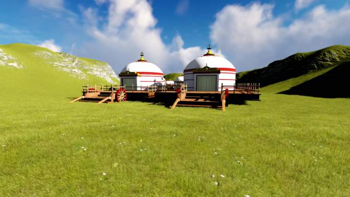 草原放牧-移动蒙古包帐篷车三维漫游