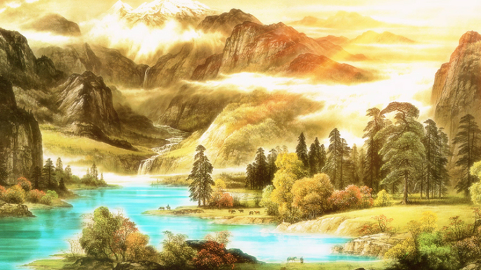 高山流水国画中国风意境风景led背景视频